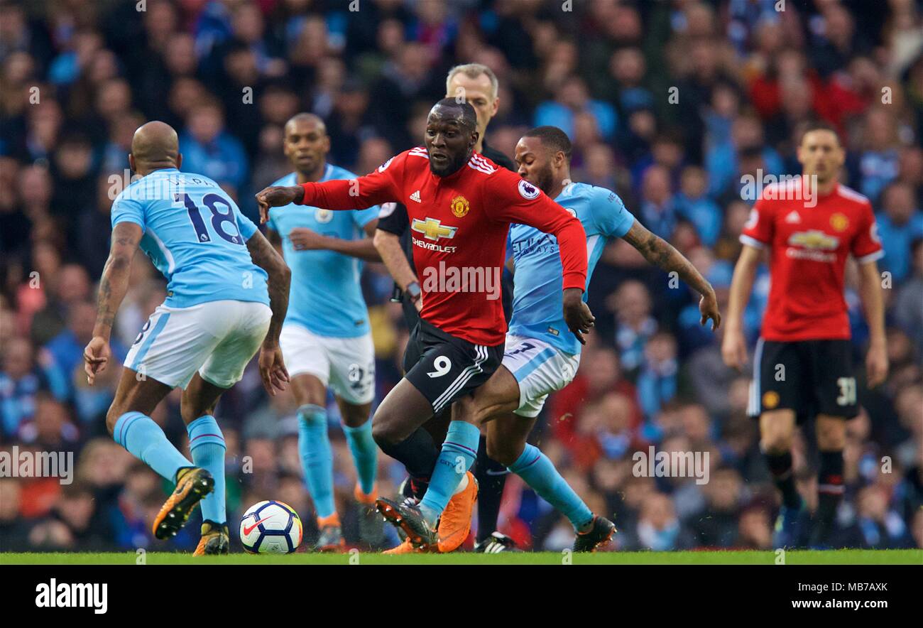 Manchester 7th Apr 2018 Manchester United S Romelu Lukaku C Vies For The Ball During The English