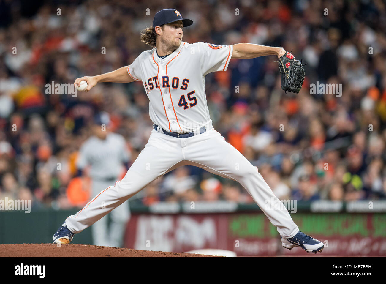 Houston, TX, USA. 7th Apr, 2018. Houston Astros starting pitcher Gerrit Cole  (45) pitches during a Major League Baseball game between the Houston Astros  and the San Diego Padres at Minute Maid