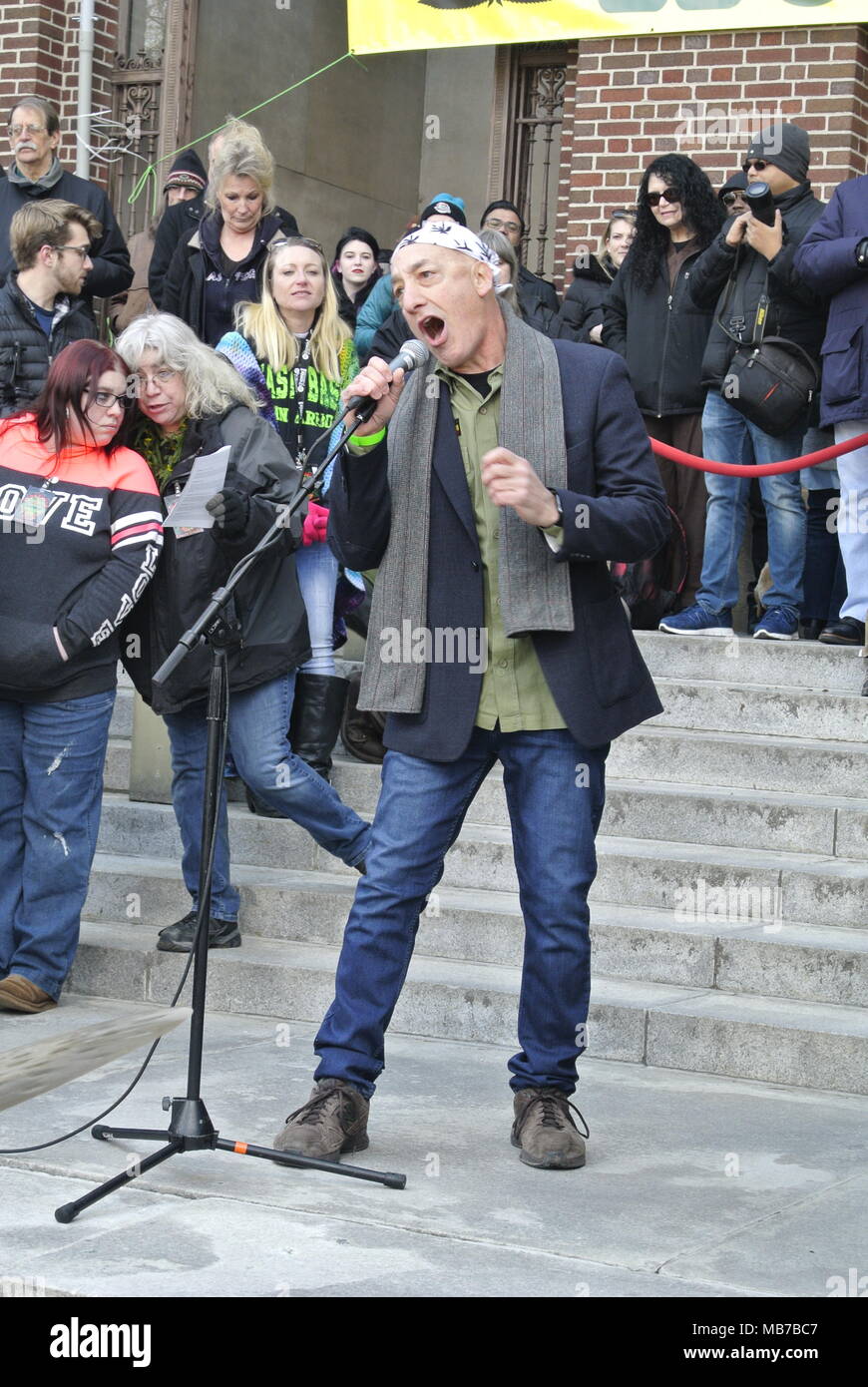 Ann Arbor, Michigan, USA.  7 April 2018. Matthew Abel, executive director of Michigan NORML, speaking at the 47th annual Hash Bash event.  Credit, Jeffrey Wickett/Alamy Live News. Stock Photo