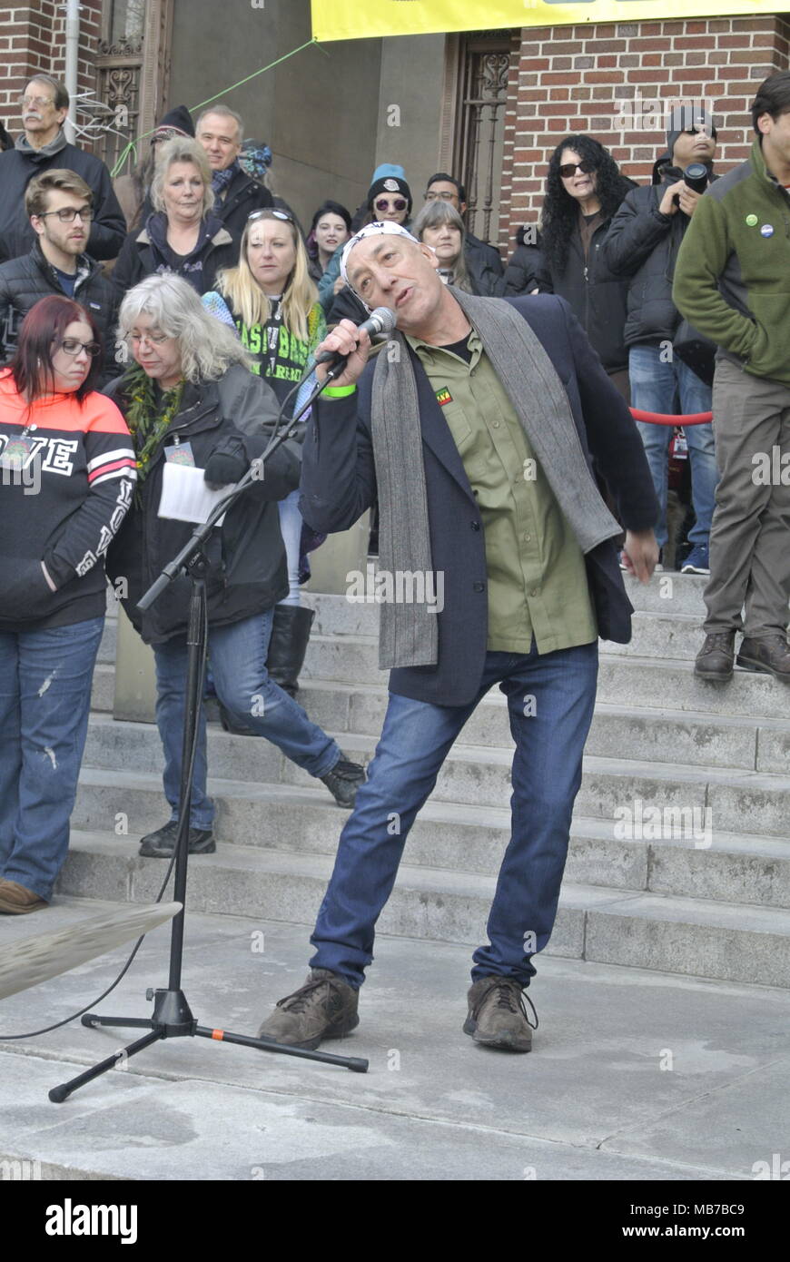 Ann Arbor, Michigan, USA.  7 April 2018. Matthew Abel, executive director of Michigan NORML, speaking at the 47th annual Hash Bash event.  Credit, Jeffrey Wickett/Alamy Live News. Stock Photo