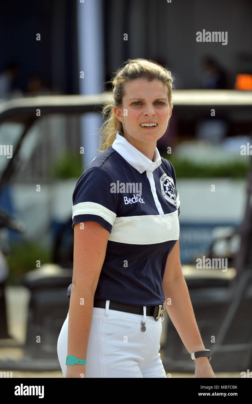 MIAMI BEACH, FL - APRIL 05: Athina Onassis attends the Longines Global Champions Tour stop in Miami Beach. Athina Helene Onassis Roussel is a French-Greek heiress, the only surviving descendant of Greek shipping magnate Aristotle Onassis, and the sole heir of Aristotle's daughter Christina Onassis, who inherited 55% of his fortune on April 5, 2018 in Miami Beach, Florida.  People:  Athina Onassis Stock Photo