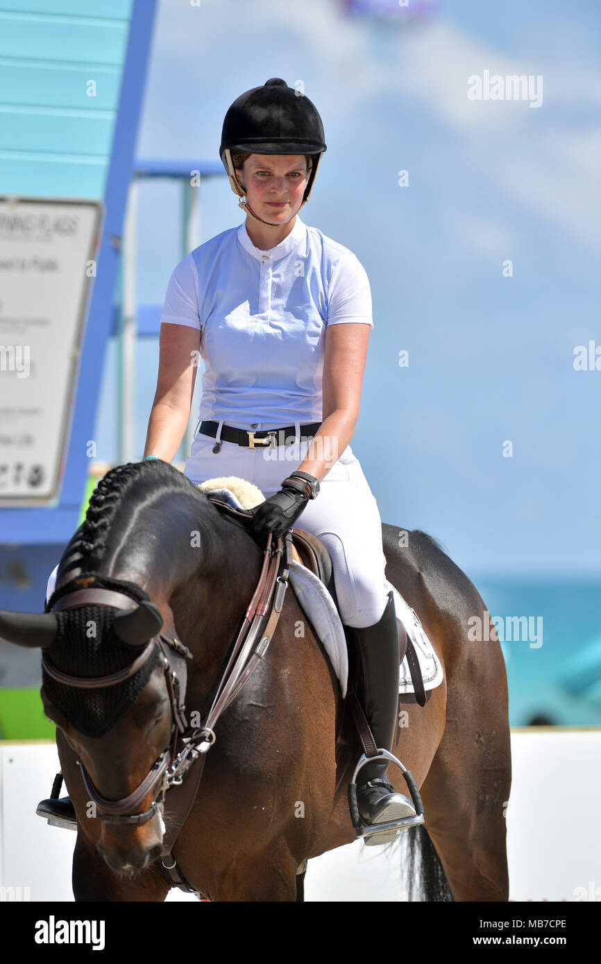 MIAMI BEACH, FL - APRIL 06: Athina Onassis attends the Longines Global Champions Tour stop in Miami Beach. Athina Helene Onassis Roussel is a French-Greek heiress, the only surviving descendant of Greek shipping magnate Aristotle Onassis, and the sole heir of Aristotle's daughter Christina Onassis, who inherited 55% of his fortune on April 6, 2018 in Miami Beach, Florida.  People:  Athina Onassis Stock Photo