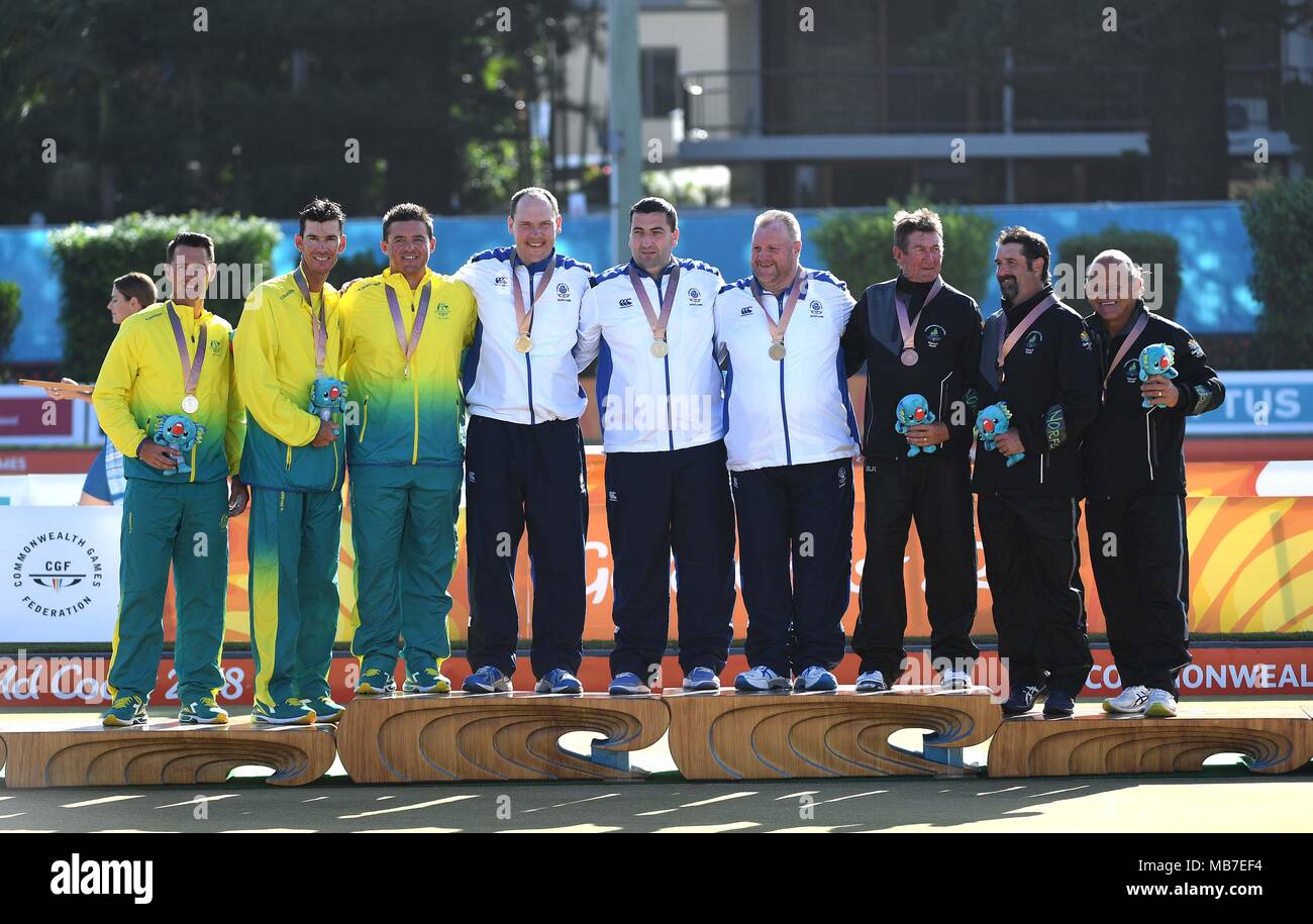 Queensland, Australia. 8th April, 2018. The three medalists on the podium. Lawn Bowls. XXI Commonwealth games. Broadbeach Bowls club. Gold Coast 2018. Queensland. Australia. 08/04/2018. Credit: Sport In Pictures/Alamy Live News Stock Photo
