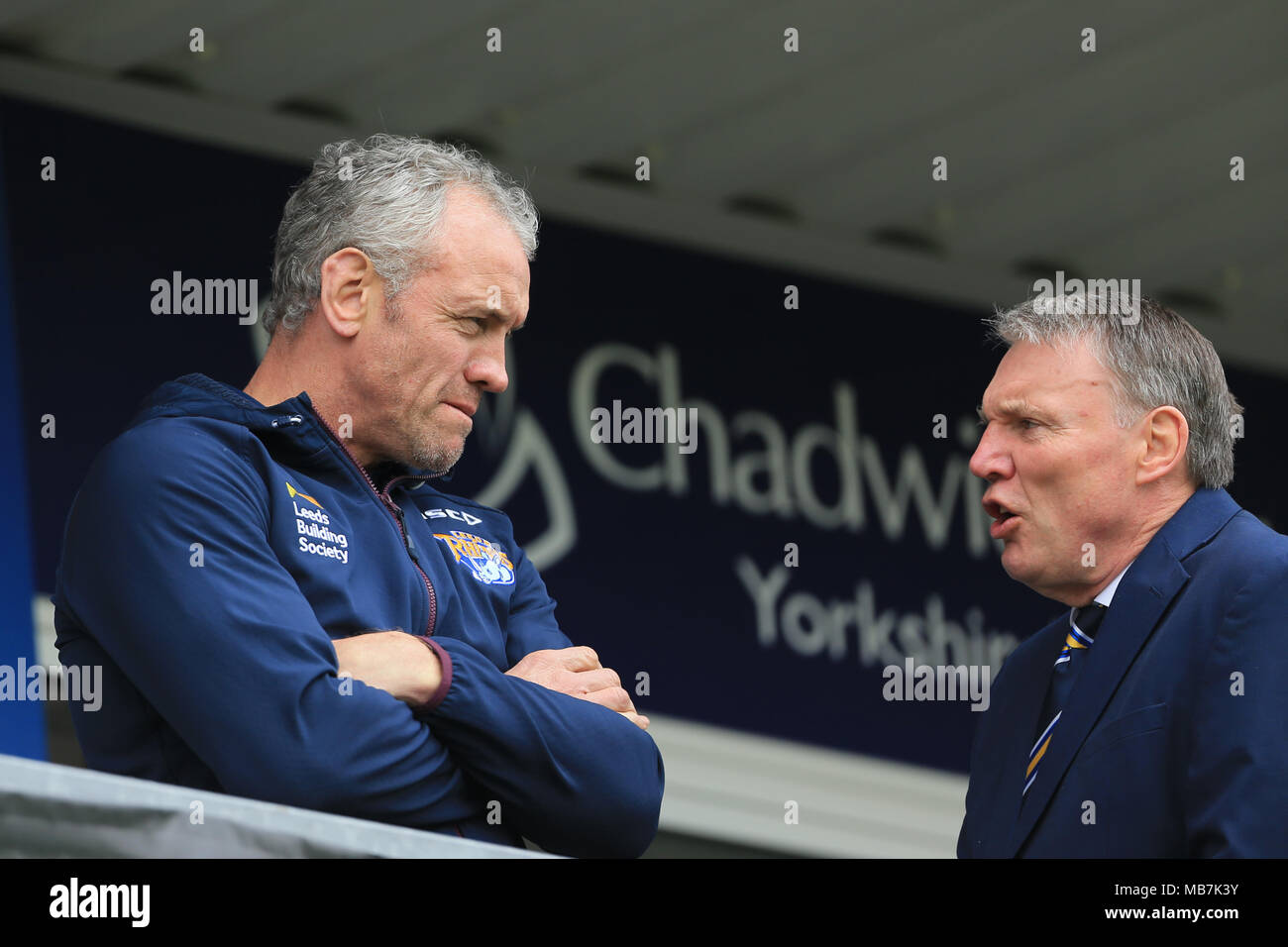 Wakefield, UK. 8th April 2018, Beaumont Legal Stadium, Wakefield, England; Betfred Super League rugby, Wakefield Trinity v Leeds Rhinos; Brian McDermott head coach of Leeds Rhinos talking about the game ahead Credit: News Images/Alamy Live News Credit: News Images/Alamy Live News Stock Photo