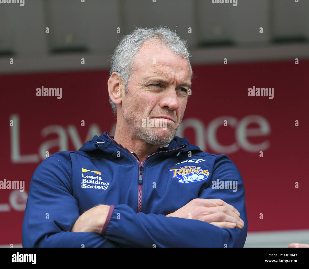 Wakefield, UK. 8th April 2018, Beaumont Legal Stadium, Wakefield, England; Betfred Super League rugby, Wakefield Trinity v Leeds Rhinos; Brian McDermott head coach of Leeds Rhinos checking out the pitch ahead of todays game Credit: News Images/Alamy Live News Credit: News Images/Alamy Live News Stock Photo