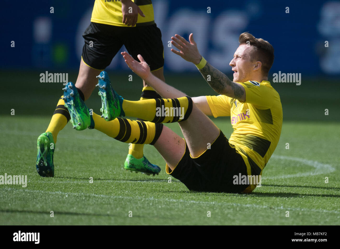 08 April 2018, Germany, Dortmund. Football German Bundesliga, Borussia Dortmund vs VfB Stuttgart at the Signal Iduna Park. Dortmund's Marco Reus on the pitch. Photo: Bernd Thissen/dpa - IMPORTANT NOTICE: Due to the German Football League·s (DFL) accreditation regulations, publication and redistribution online and in online media is limited during the match to fifteen images per match Stock Photo