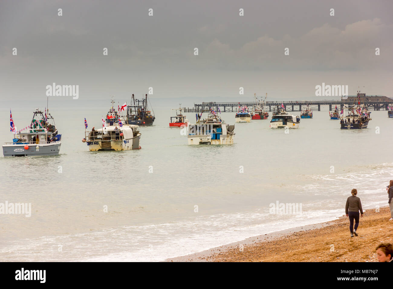 Hasting, East Sussex, UK. 8th April 2018. Fisherman from the South Coast fishing ports of Hastings, Newhaven, Rye and Eastbourne gather at Hastings to protest at the Governments decision not to take back full control of British waters when the UK leaves the EU next year. The Department for Environment, Food and Rural Affairs said it believed a transition deal until 2021 would safeguard fishing communities. Credit: Alan Fraser Stock Photo