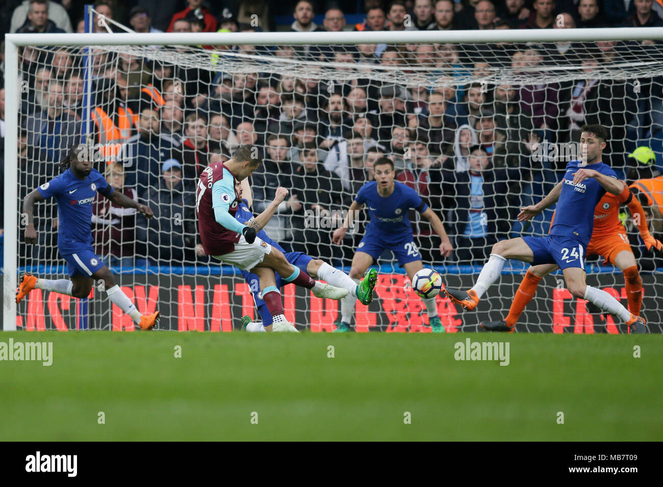 London, UK. 8th Apr, 2018. West Ham's Javier Hernandez (2nd L) scores a goal during the Premier League football match between Chelsea and West Ham United at Stamford Bridge Stadium in London, Britain on April 8, 2018. The match ended with a draw 1-1. Credit: Tim Ireland/Xinhua/Alamy Live News Stock Photo