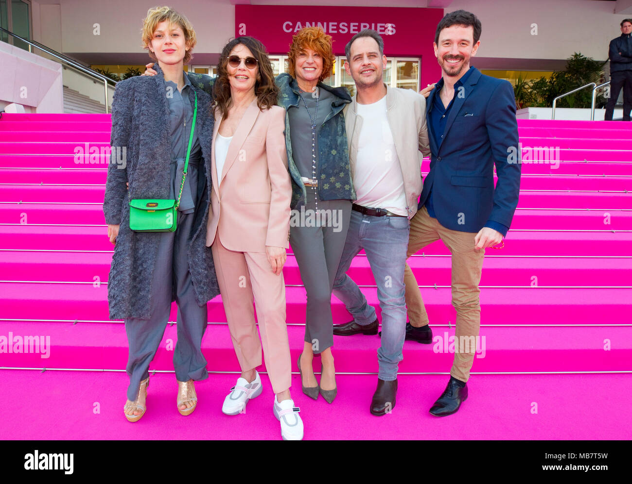 Cannes, France. 08th Apr, 2018. Cannes, France - April 08, 2018: MIPTV Canneseries with Actors Iris Berben and Moritz Bleibtreu and Producer Oliver Berben with Writer Nina Grosse.The Typist, Die Protokollantin, MIPCOM, a Reed MIDEM Event, ZDF, Beta Film, Moovie | usage worldwide Credit: dpa/Alamy Live News Stock Photo