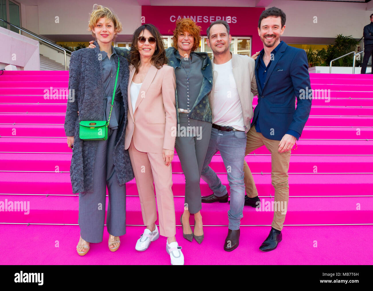 Cannes, France. 08th Apr, 2018. Cannes, France - April 08, 2018: MIPTV Canneseries with Actors Iris Berben and Moritz Bleibtreu and Producer Oliver Berben with Writer Nina Grosse.The Typist, Die Protokollantin, MIPCOM, a Reed MIDEM Event, ZDF, Beta Film, Moovie | usage worldwide Credit: dpa/Alamy Live News Stock Photo