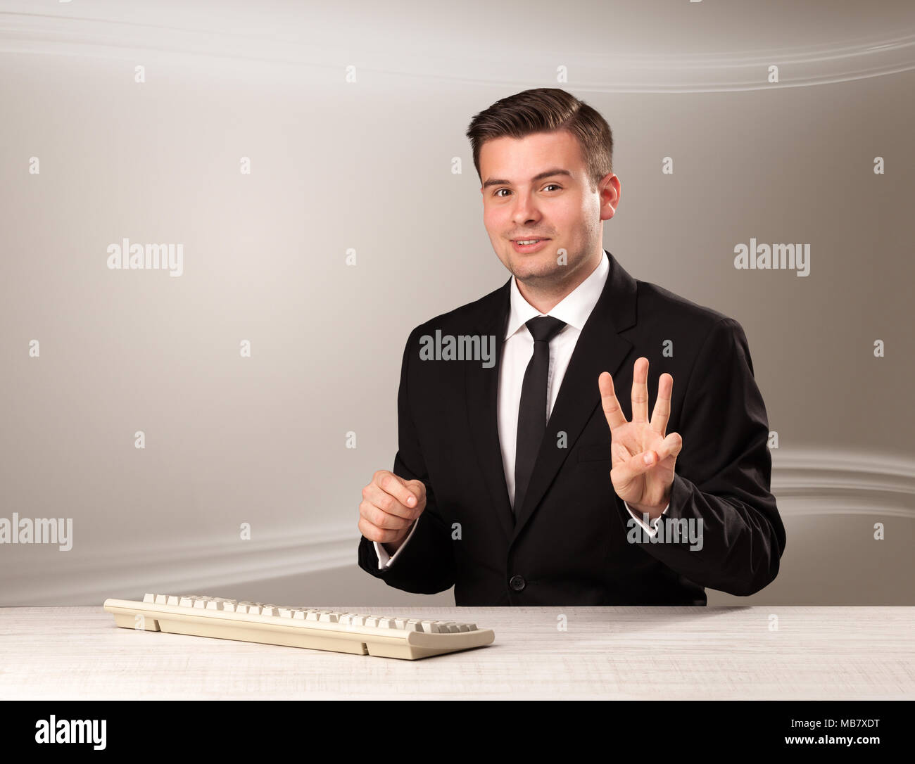 Televison presenter host in live show with blank background Stock Photo
