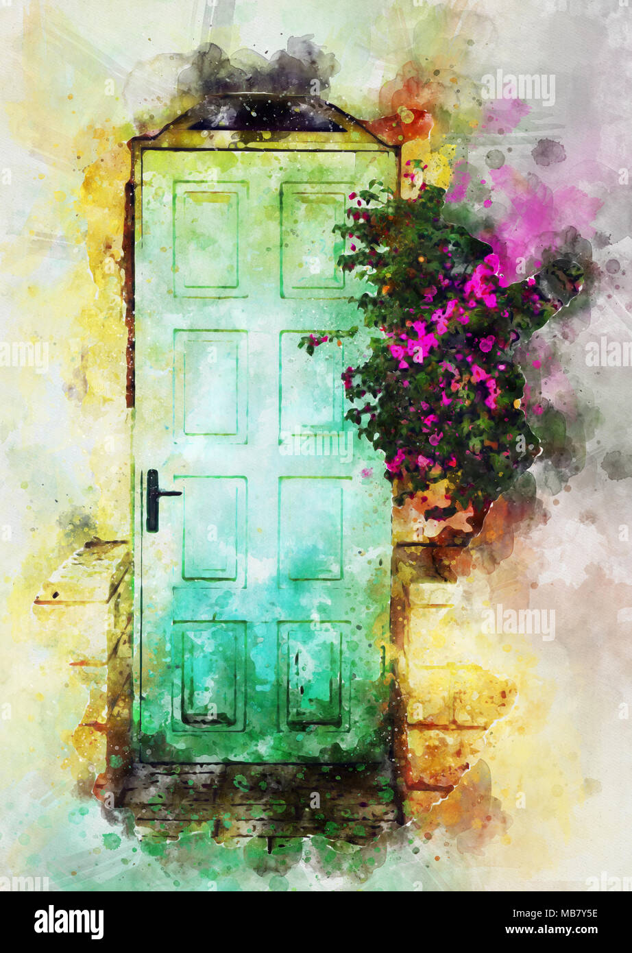 Watercolor Style And Abstract Image Of Old Blue Rustic