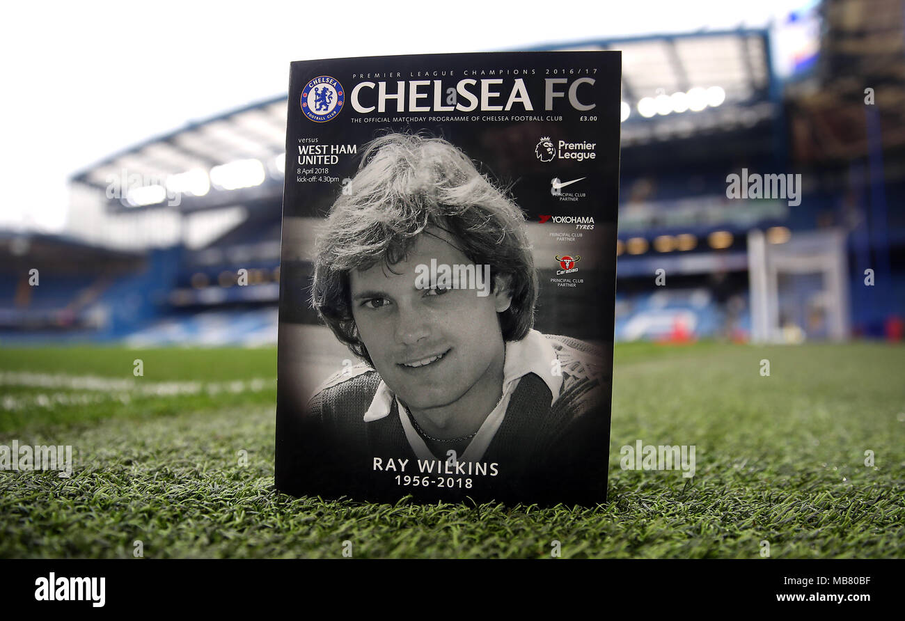 Chelsea programme with the late Ray Wilkins on the front cover prior to kick-off during the Premier League match at Stamford Bridge, London. Stock Photo