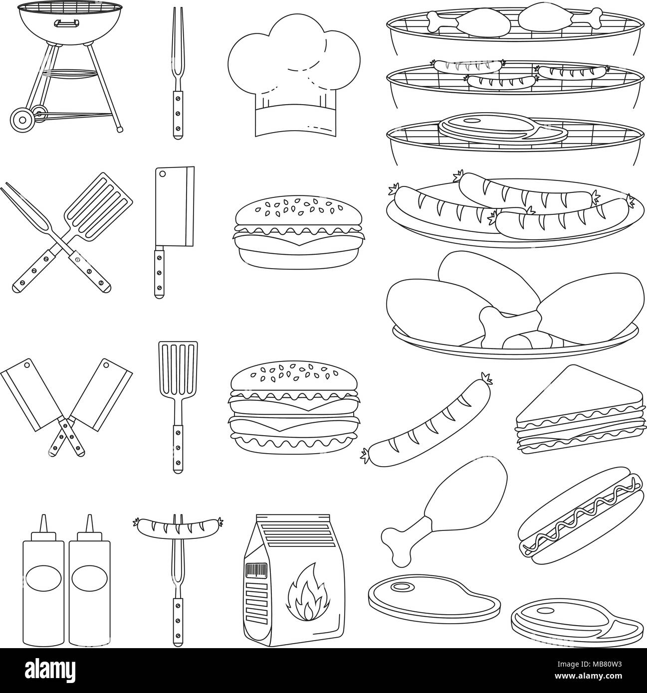 Line art black white bbq outdoors 23 element set. Food themed vector illustration for gift card certificate sticker, badge, sign, stamp, logo, label,  Stock Vector