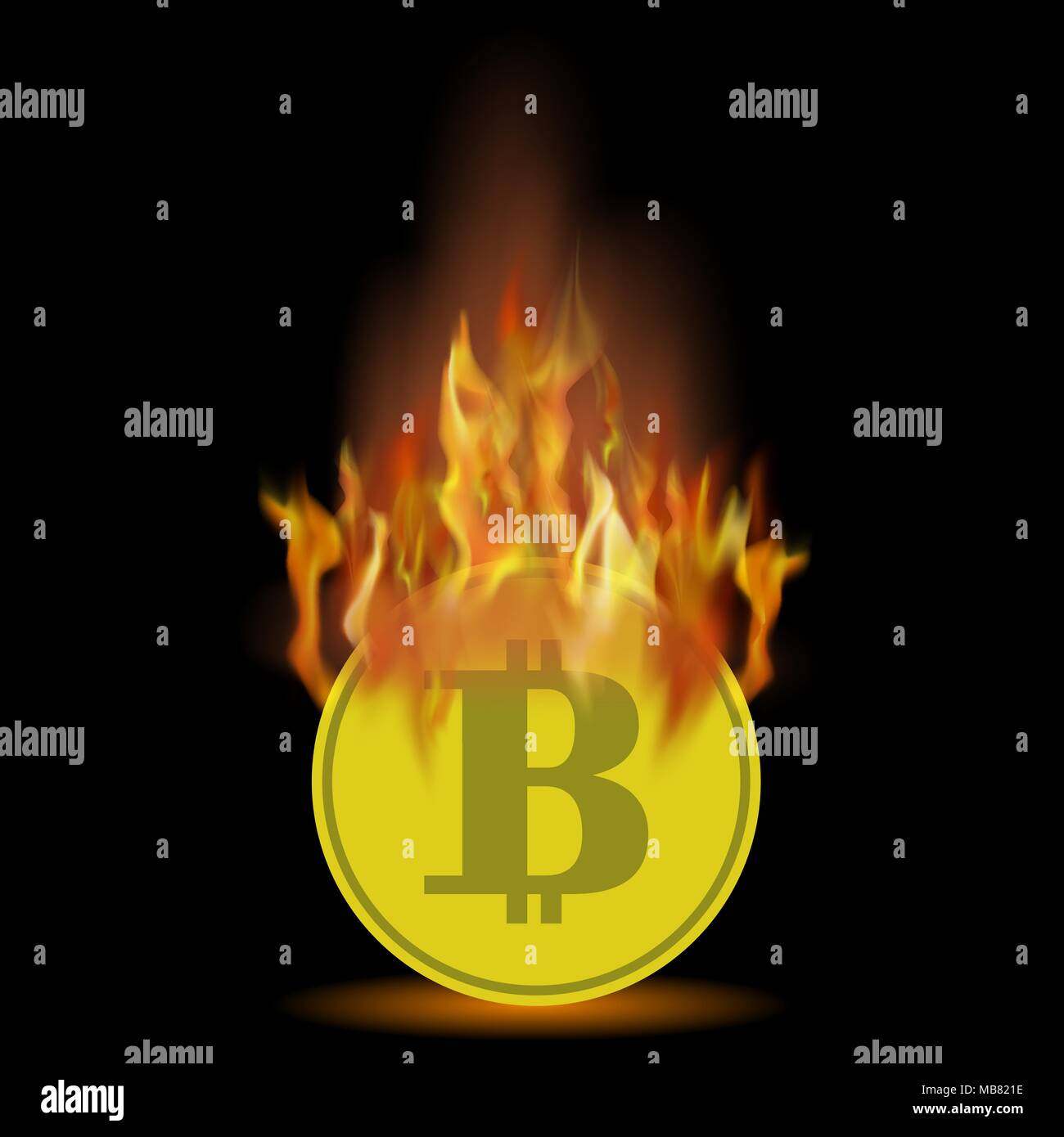Burning Gold Bitcoin Icon on Black Background Stock Vector