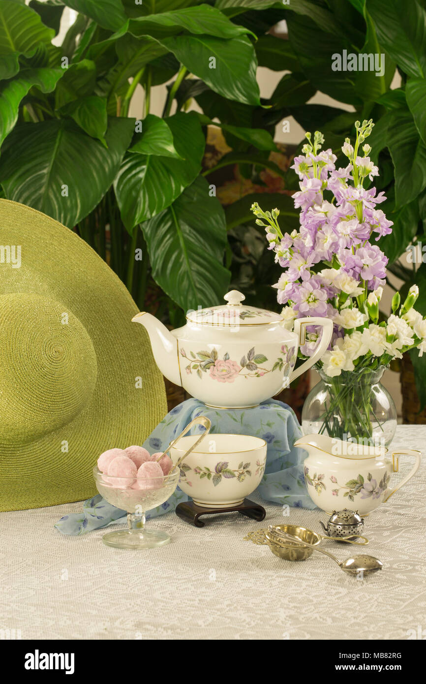 It's time for tea! Elegant porcelain china tea sets displayed for your finest tea party. Stock Photo
