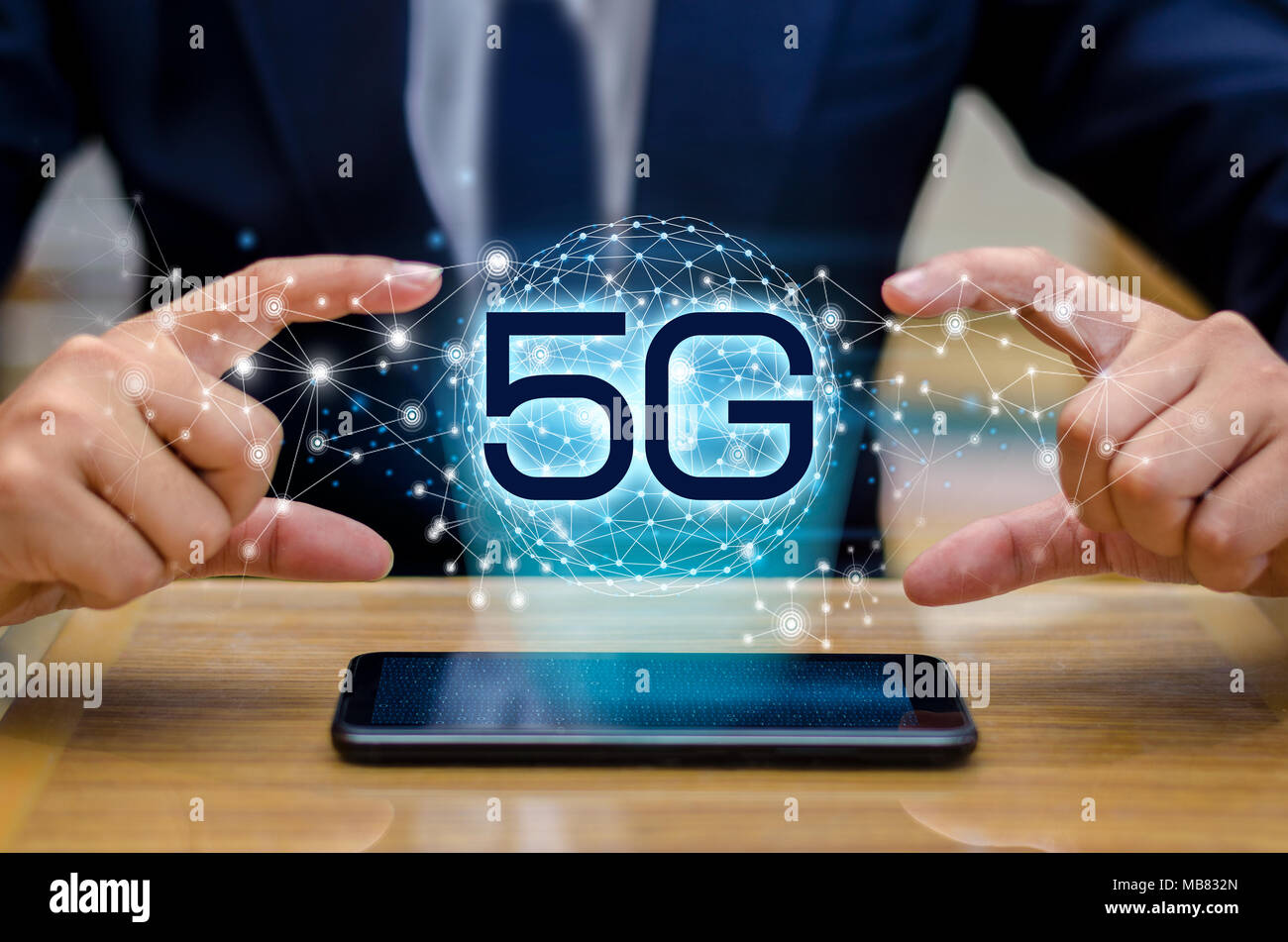 phone 5g Earth businessman connect worldwide waiter hand holding an empty digital tablet with smart and 5G network connection concept Stock Photo