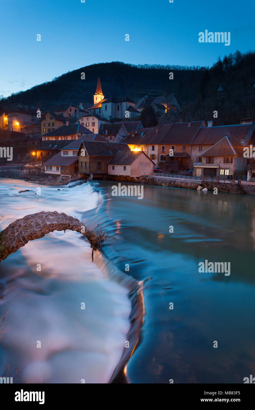 NIghtfall in Lods, Doubs,  Bourgogne-Franche-Comte, France Stock Photo