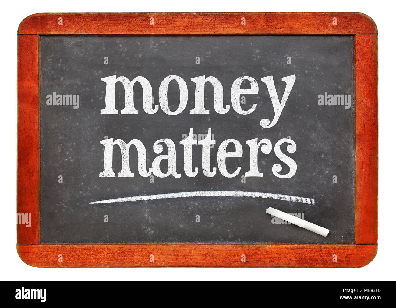 money matters white chalk text on a vintage slate blackboard Stock