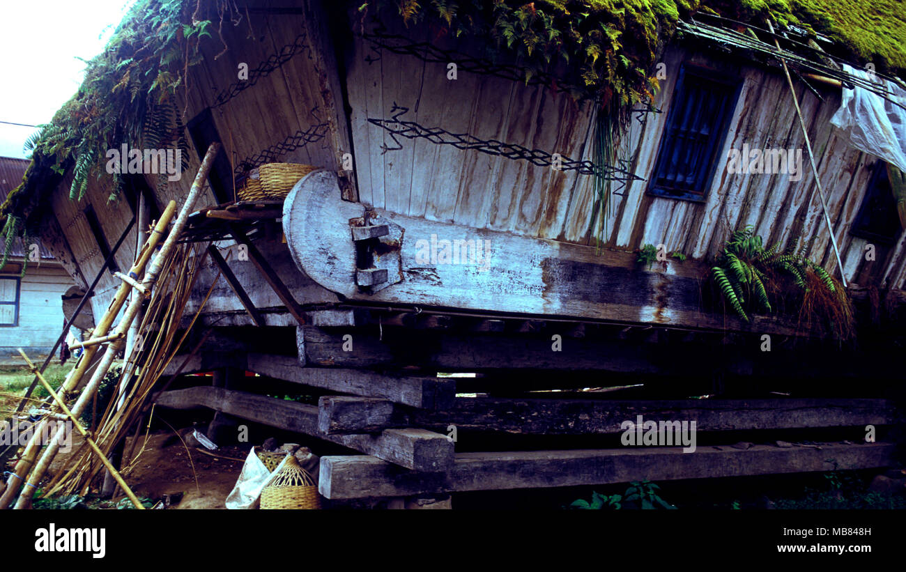 A traditional Karo Batak longhouse in Sumatra, Indonesia is standing on its last legs. It will soon collapse. Stock Photo