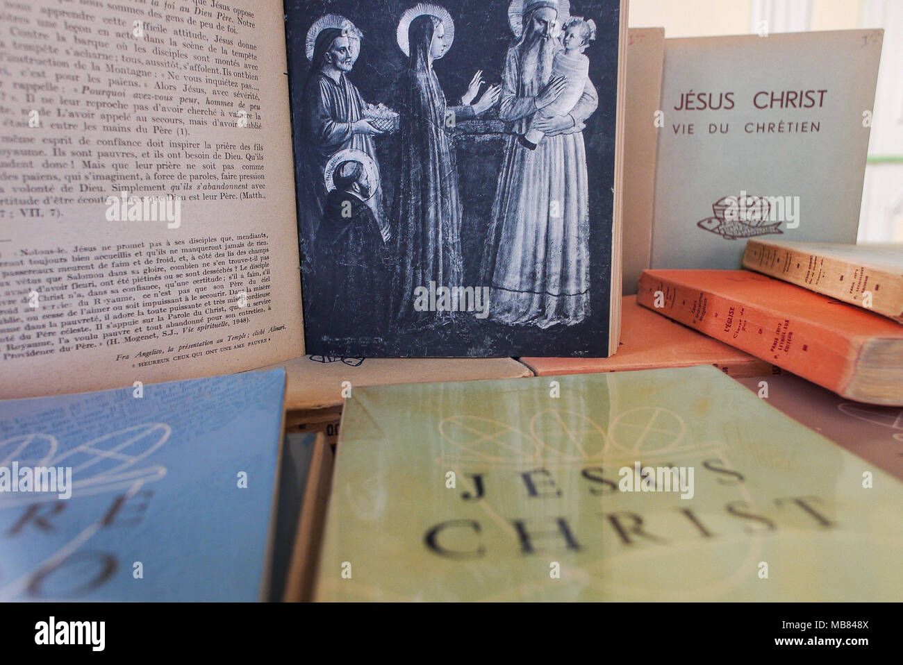 Old Religious books telling Jesus Christ life, Lyon, France Stock Photo