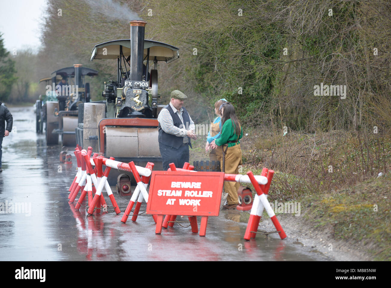 Steam rollers and traction engines in a vintage road works scene, steam yard Stock Photo