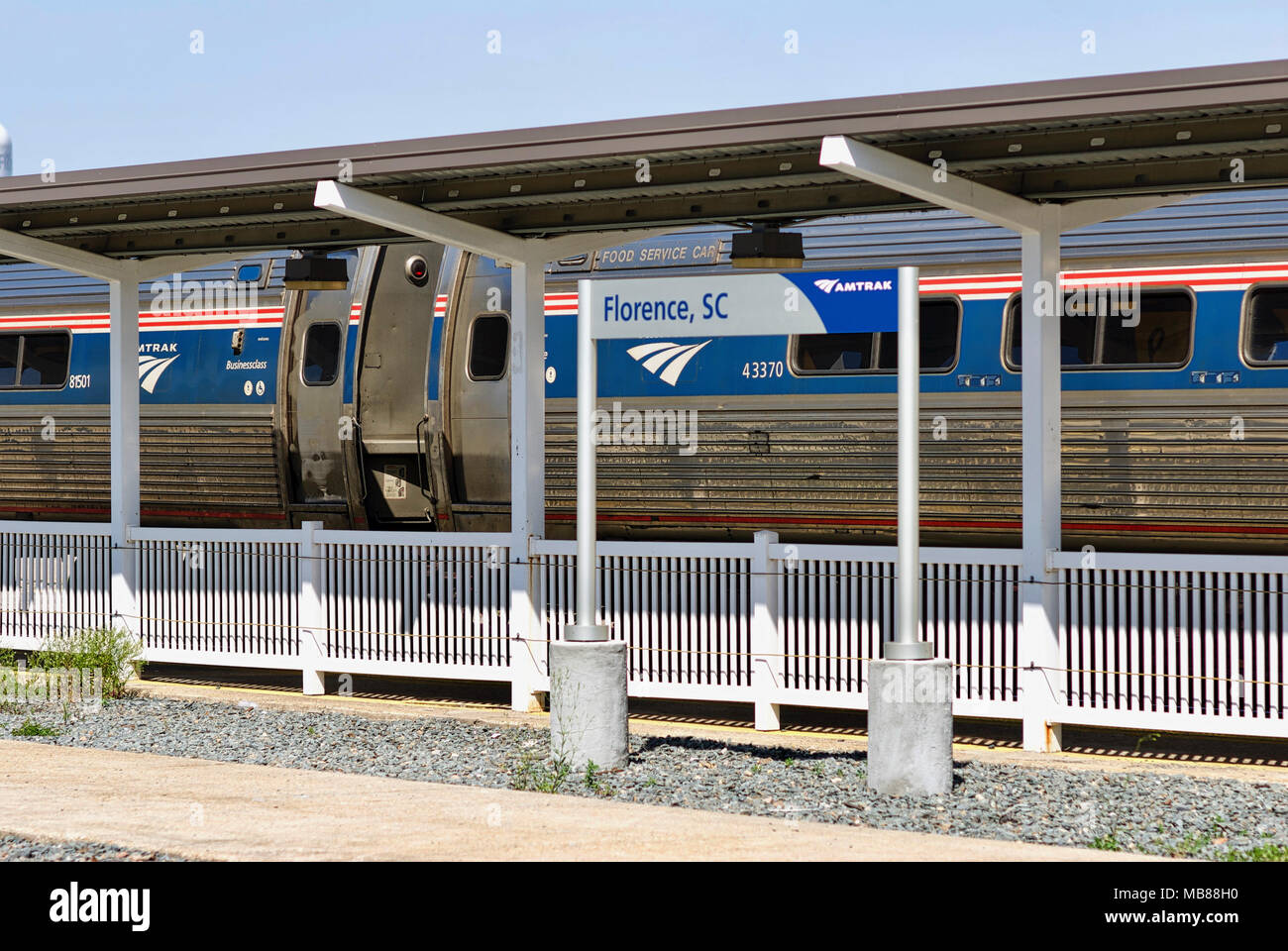 Florence, South Carolina, USA - April 2, 2018: Amtrak's 'Palmetto' train #90 heading north pulls into the Florence, South Carolina, Amtrak station. Stock Photo