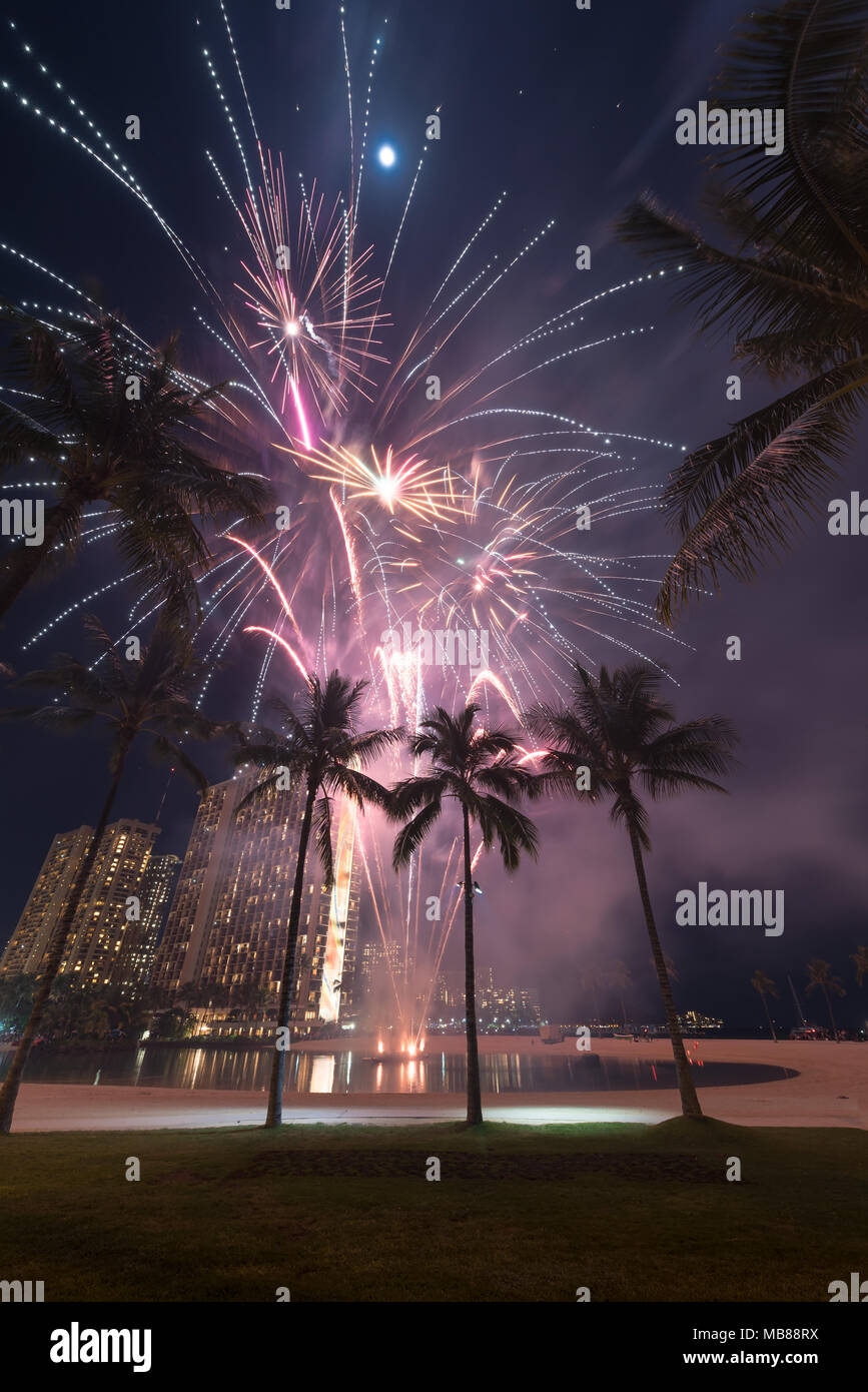 New Year’s fireworks at the Hilton Hawaiian Village in Honolulu, Hawaii