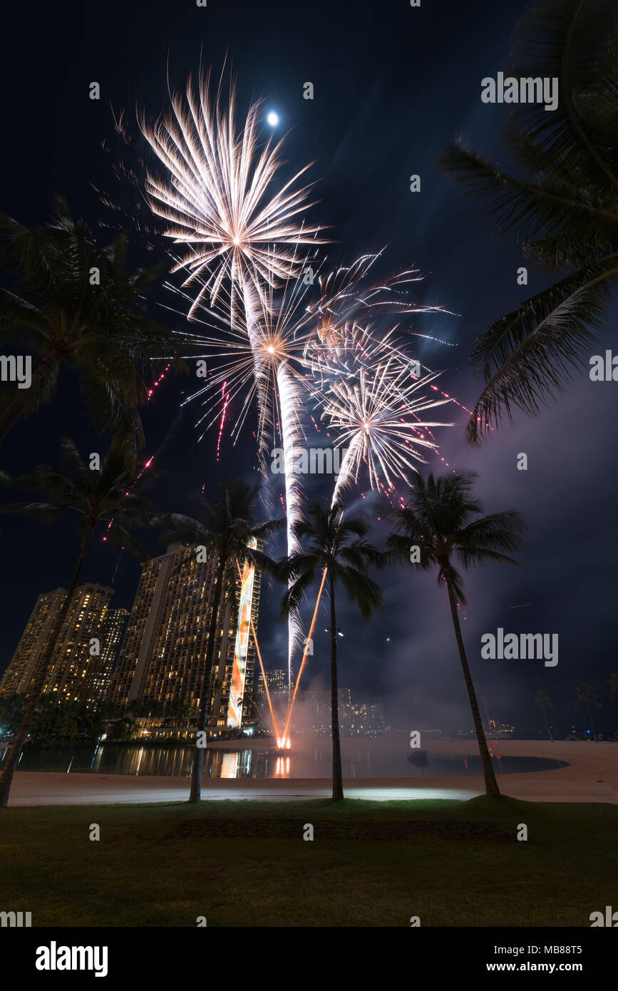 New Year’s fireworks at the Hilton Hawaiian Village in Honolulu, Hawaii