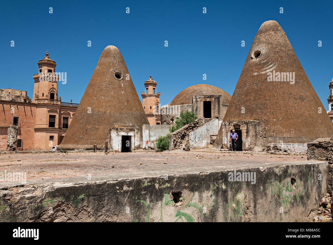 The pyramid shaped granaries and the front towers of the Hacienda de Jaral de Berrio in Jaral de