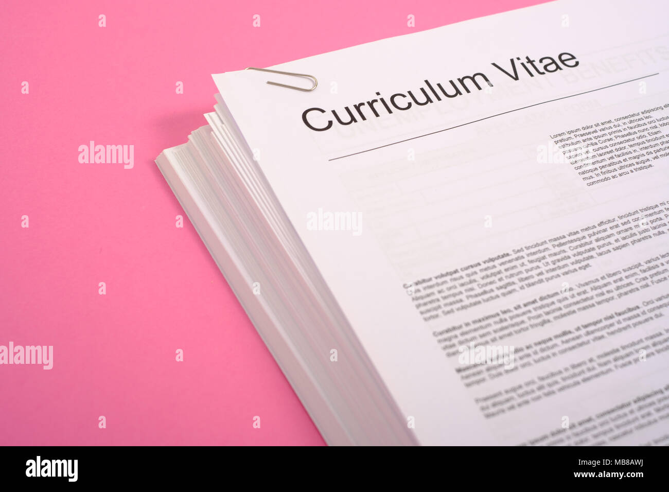Equal opportunities career concept.Pile of cv isolated on pink background Stock Photo