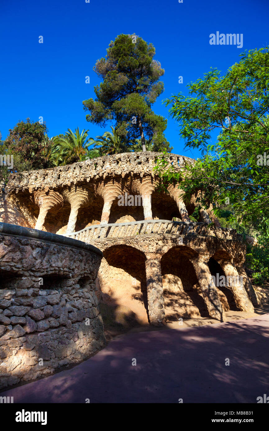 The viaduct at the Gaudi architecture at Park Güell in Barcelona, Spain Stock Photo