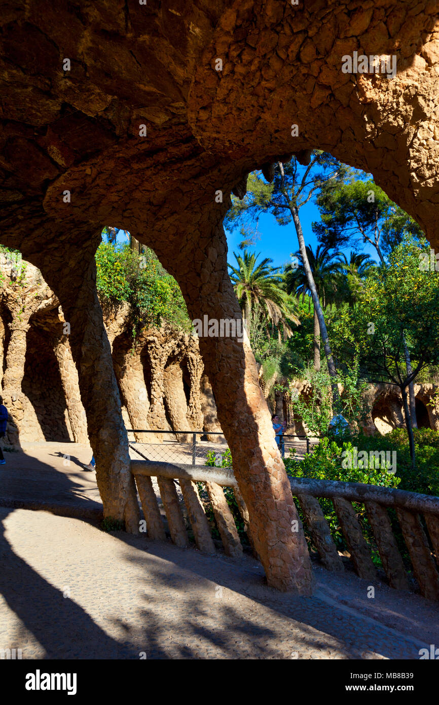 The viaduct at the Gaudi architecture at Park Güell in Barcelona, Spain Stock Photo