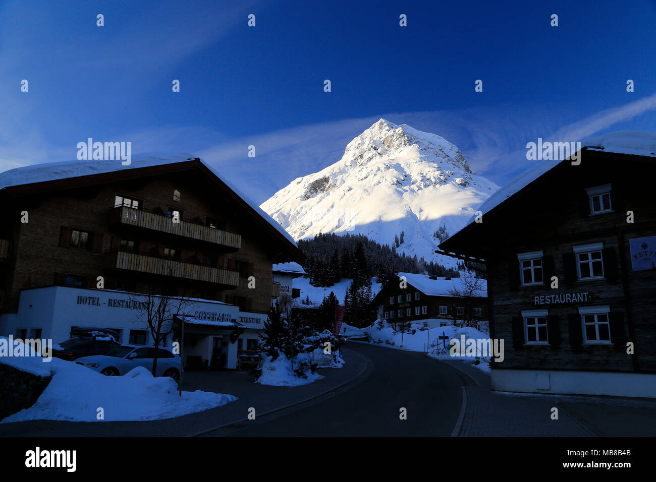 View of the town Lech am Arlberg, Alpine ski resort close to Zurs ...