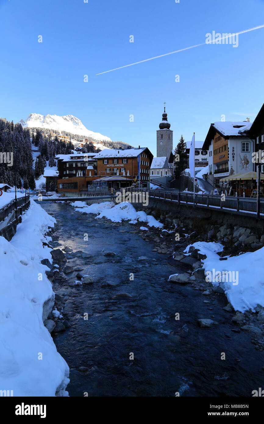 View of the town Lech am Arlberg, Alpine ski resort close to Zurs, St. Anton and Stuben in the Arlberg region of Austria. Stock Photo