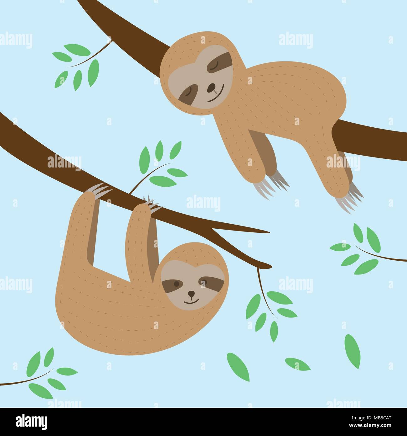 Cute sloths cartoon sleeping and hanging on tree branch background. Vector illustration. Stock Vector