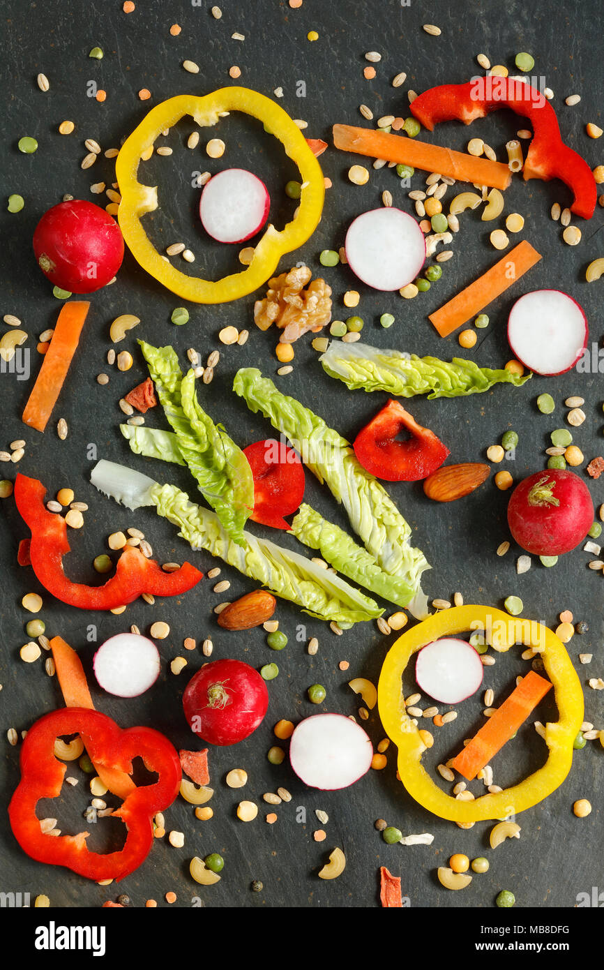 Gem lettuce, radish and dried vegetable ingredients for vegan soup or