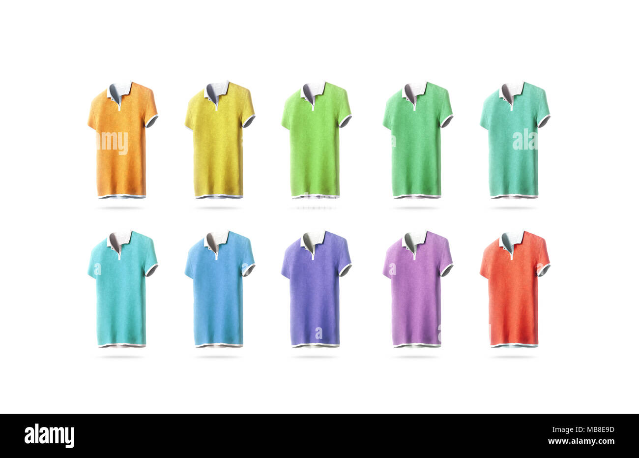 Blank colorful polo shirt mockup set, isolated, front side view, 3d rendering. Empty sport t-shirt uniform colored mock up. Cloth design template. Cotton clear dress with collar and short sleeves Stock Photo