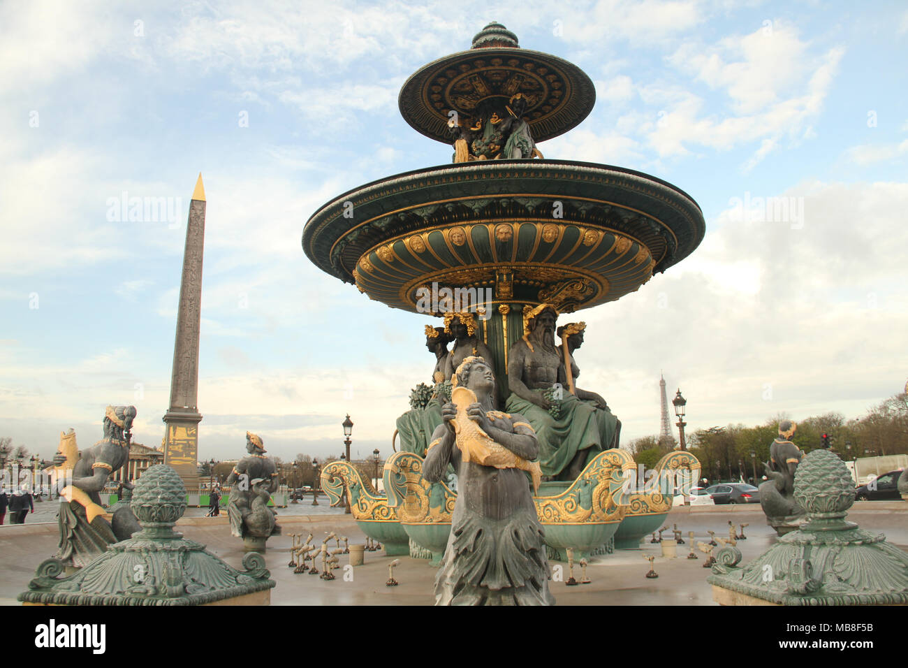 Paris, France -  04 April, 2018. The Fontaines de la Concorde, one of two with the Obelisk of Luxor and Eiffel Tower seen on the background. General view of Paris, France. @ David Mbiyu/Alamy Live News Stock Photo