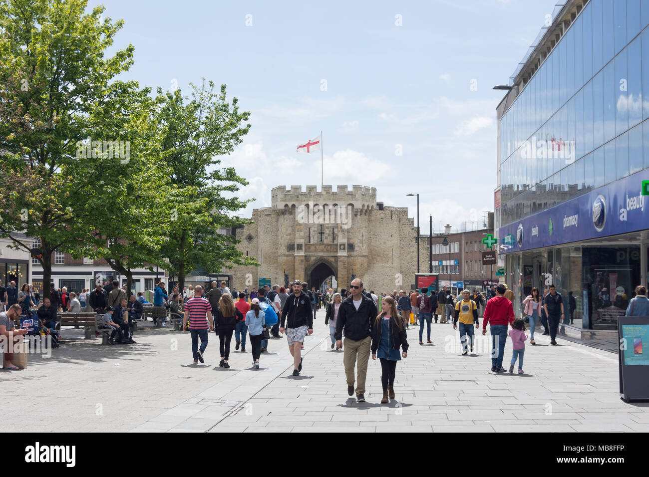 Bargate from pedestrianised Above Bar Street,  Southampton, Hampshire, England, United Kingdom Stock Photo