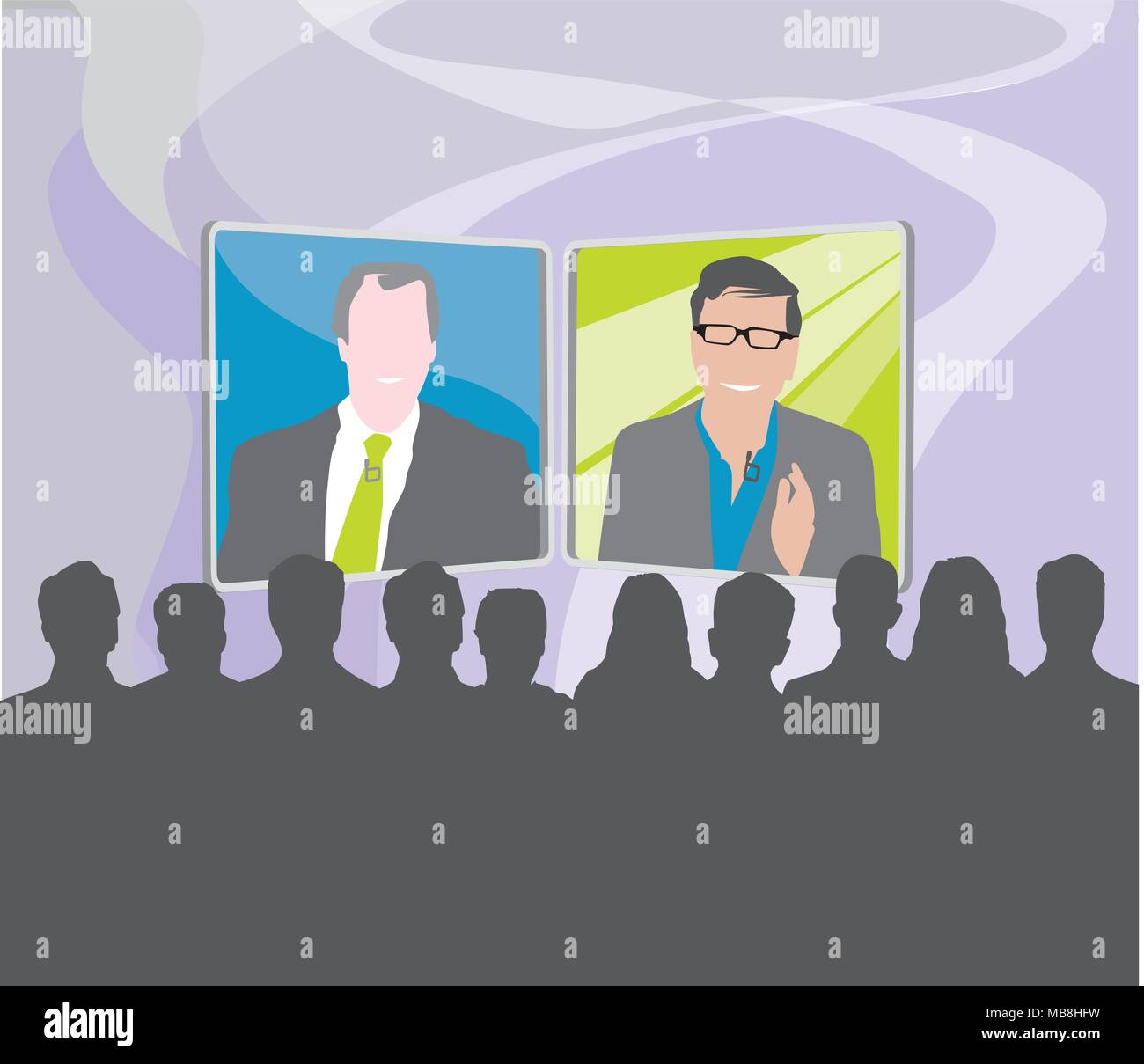 live video confrance room with two remote speakers and a local audience Stock Vector