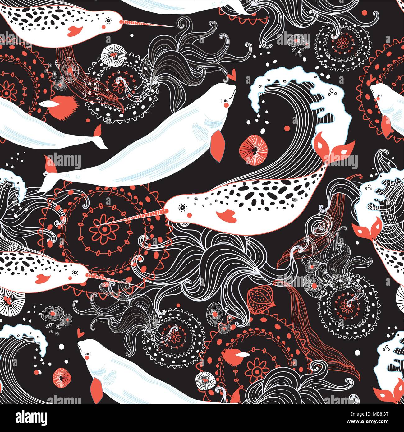 Seamless sea pattern with beautiful whales on a black background Stock ...