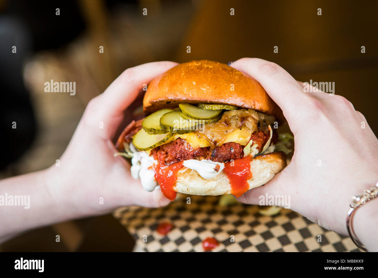 Vegan burger with vegan cheese, pickles and ketchup Stock Photo Alamy