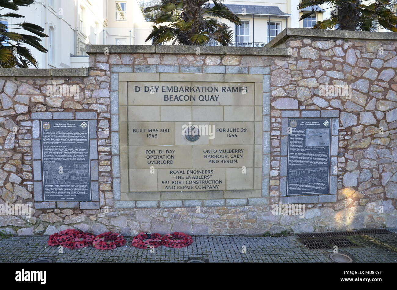 A memorial plaque at Beacon Quay in Torquay marking the embarkation of ships to the D-Day Operation Overlord  initiative in World War 2 Stock Photo