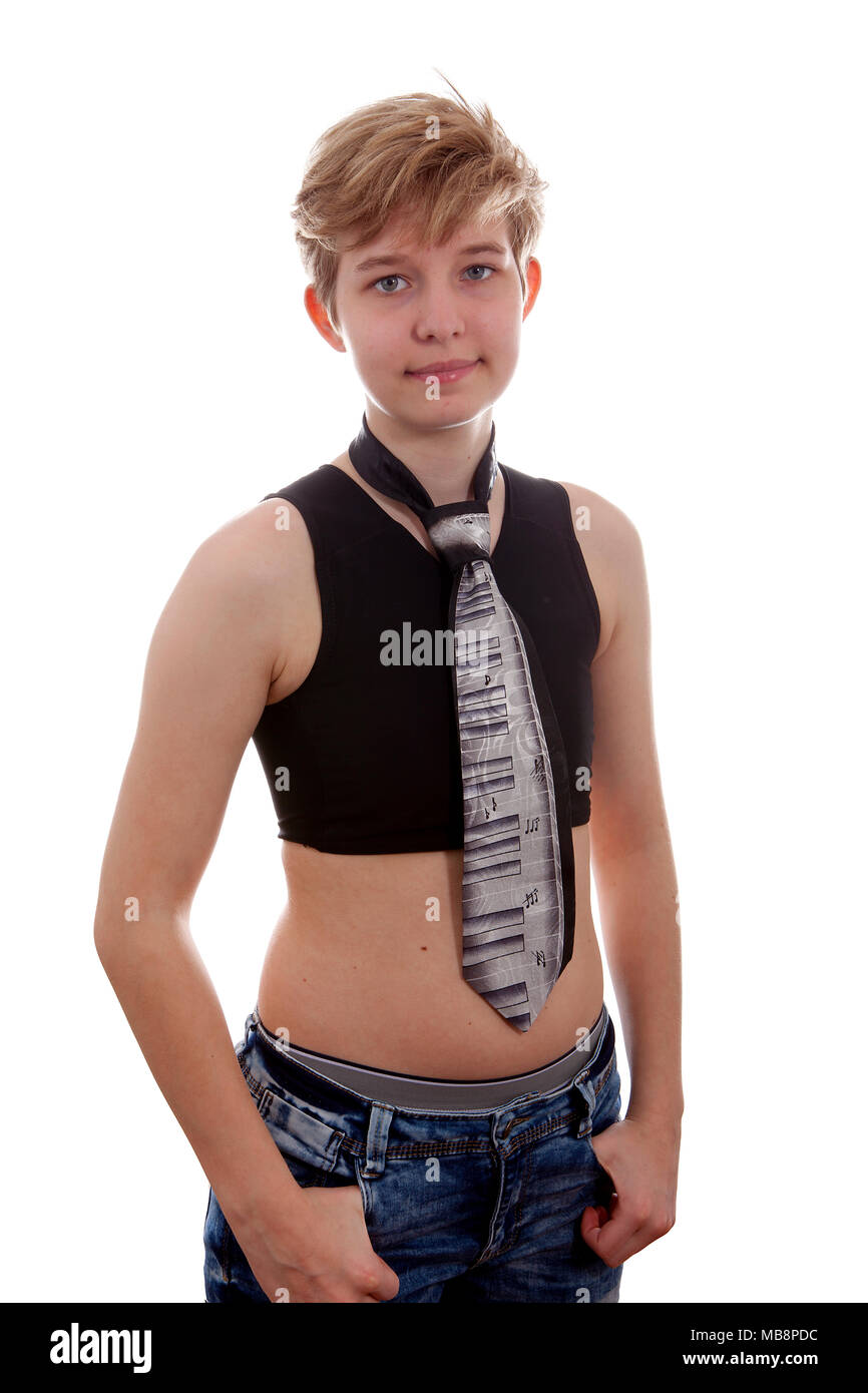 Transgender boy is showing binder and neck tie over white background