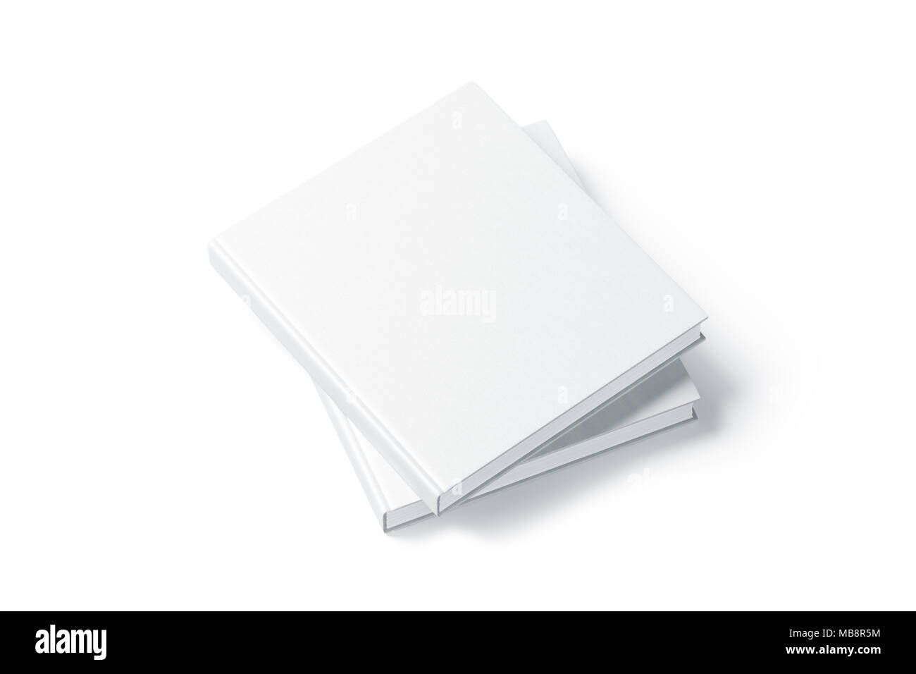 Two blank white hard cover books mock up, top view from the side. Empty square notebooks on each other hardcover mockup, isolated. Bookstore branding template Stock Photo