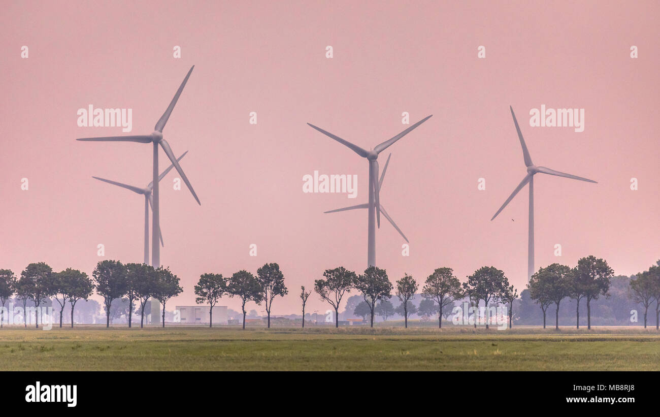 Open countryside with trees and wind turbines at orange sunset Stock Photo