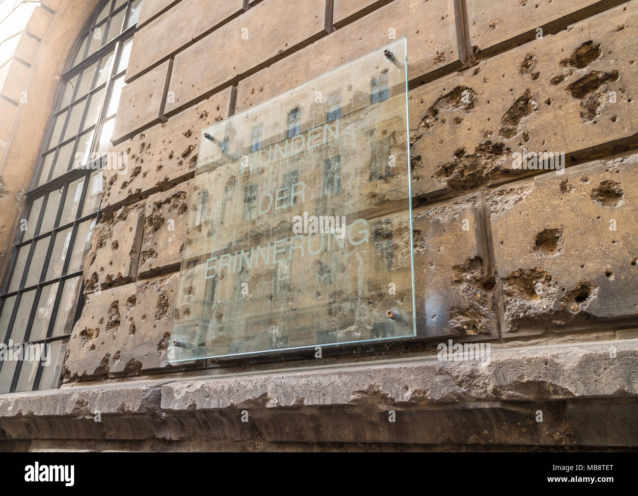 Storehouse of the Academy of Fine Arts Vienna showing preserved world war 2 damage from the Battle in 1945 with the Soviet Army, bullet holes on the f Stock Photo