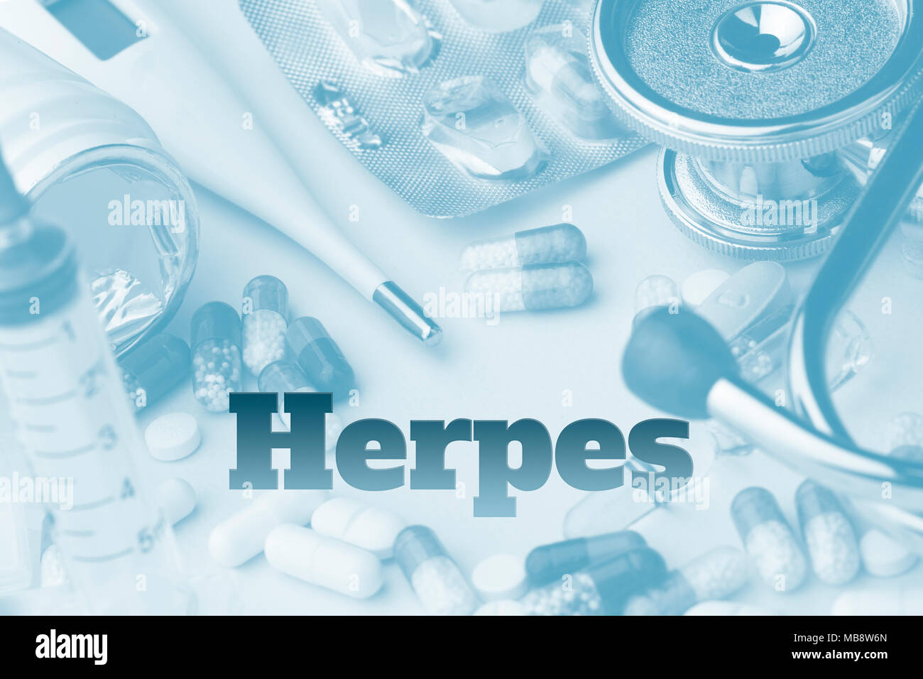 Herpes - diagnosis written on a white piece of paper. Syringe and vaccine with drugs. Toned Stock Photo