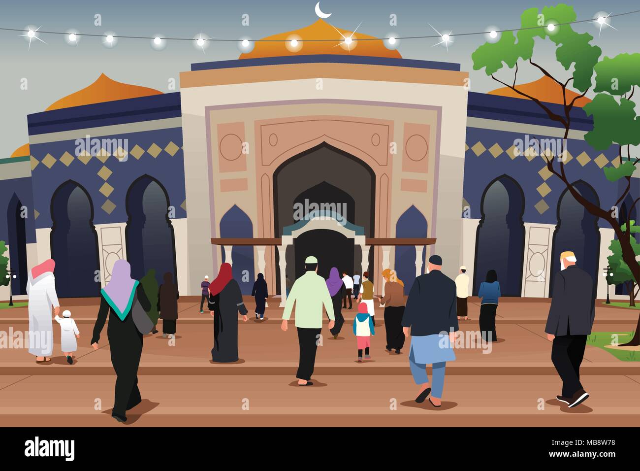 A vector illustration of Muslims Going to Mosque to Pray Stock Vector